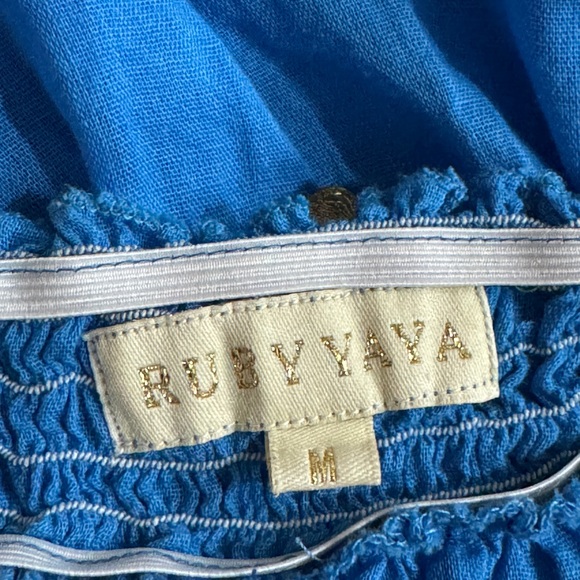 ANTHROPOLOGIE RUBY YAYA CROSS STITCH BLUE OFF THE SHOULDER TOP SZ M - Picture 5 of 5